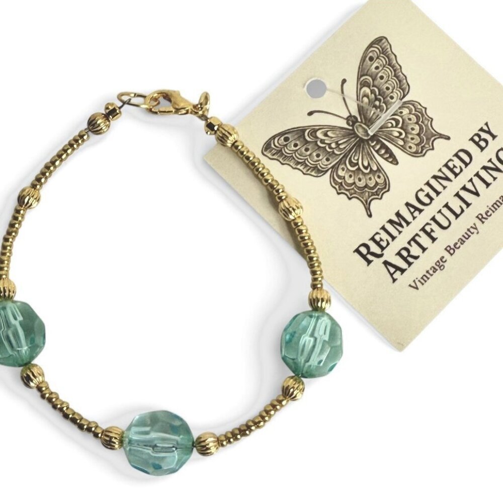 Reimagined Gold Tone Aqua Glass Bead Bracelet